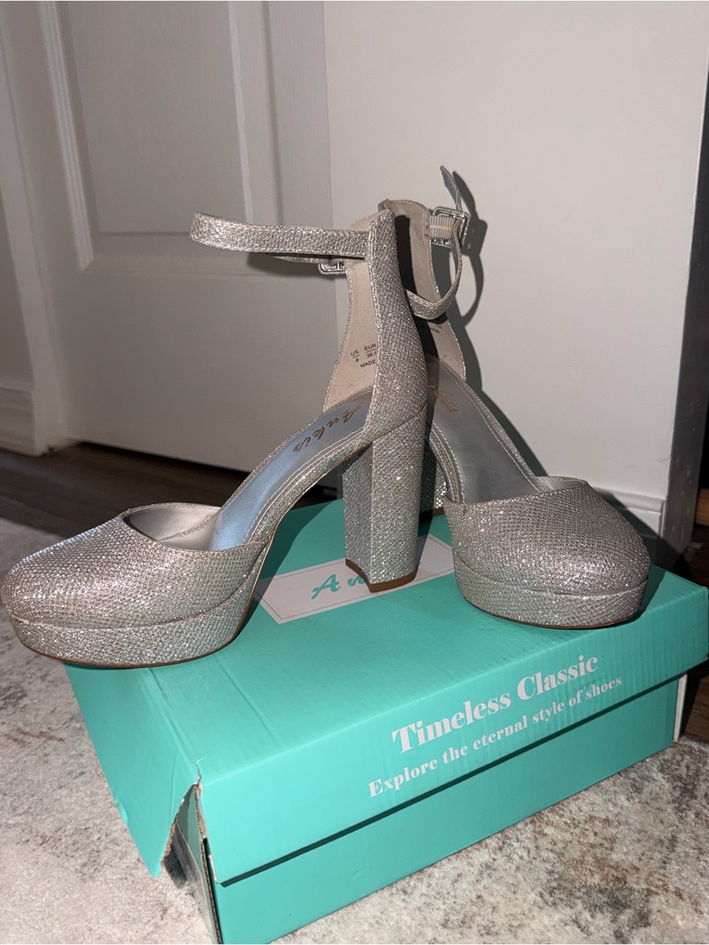 Silver Glitter Platform Ankle-Strap Block Heels